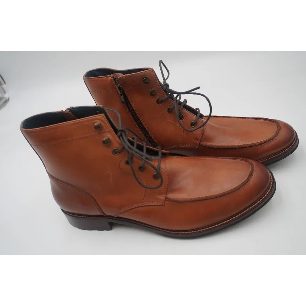 Gordon Rush Men Burnished Tan Leather Moc Toe Lace Up Ankle Boots Side Zip Sz 12
